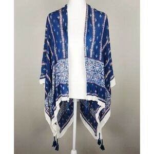 Vince Camuto Blue Boho Kimono Cardigan Tassel Open Front One Size Paisley Border